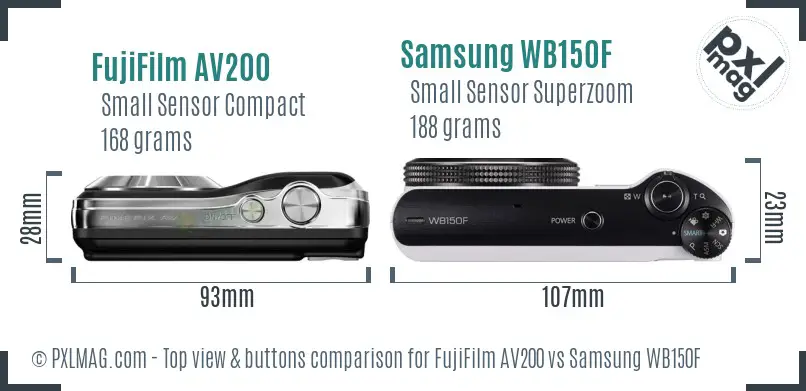 FujiFilm AV200 vs Samsung WB150F top view buttons comparison