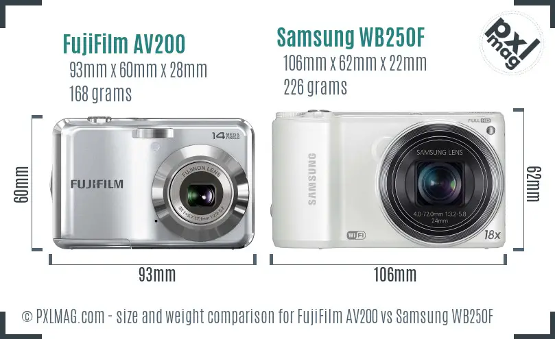 FujiFilm AV200 vs Samsung WB250F size comparison