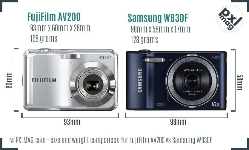 FujiFilm AV200 vs Samsung WB30F size comparison