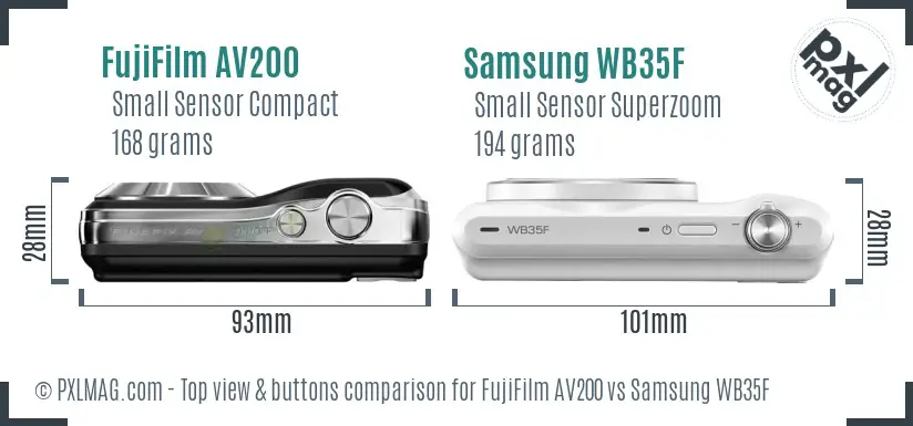 FujiFilm AV200 vs Samsung WB35F top view buttons comparison FujiFilm AV200 vs Samsung WB35F top view buttons comparison