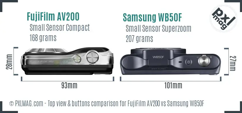 FujiFilm AV200 vs Samsung WB50F top view buttons comparison FujiFilm AV200 vs Samsung WB50F top view buttons comparison