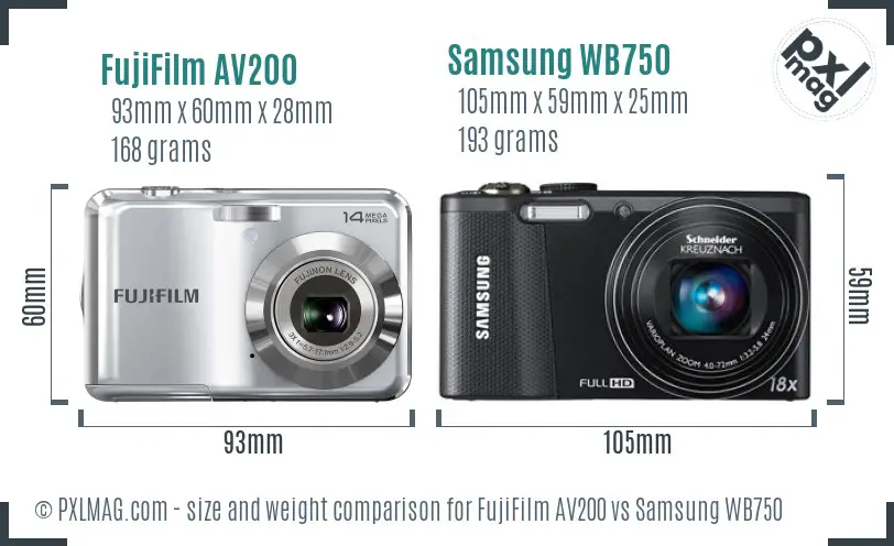 FujiFilm AV200 vs Samsung WB750 size comparison FujiFilm AV200 vs Samsung WB750 size comparison