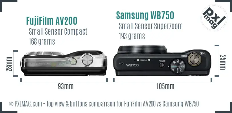 FujiFilm AV200 vs Samsung WB750 top view buttons comparison FujiFilm AV200 vs Samsung WB750 top view buttons comparison