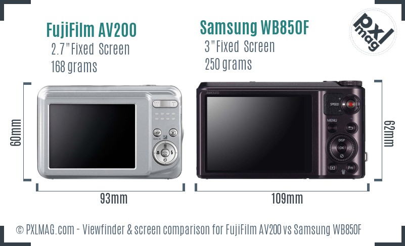 FujiFilm AV200 vs Samsung WB850F Screen and Viewfinder comparison