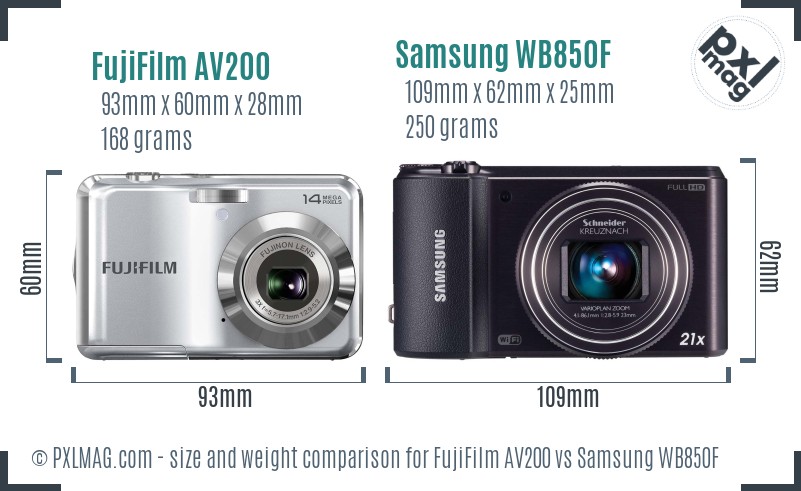 FujiFilm AV200 vs Samsung WB850F size comparison