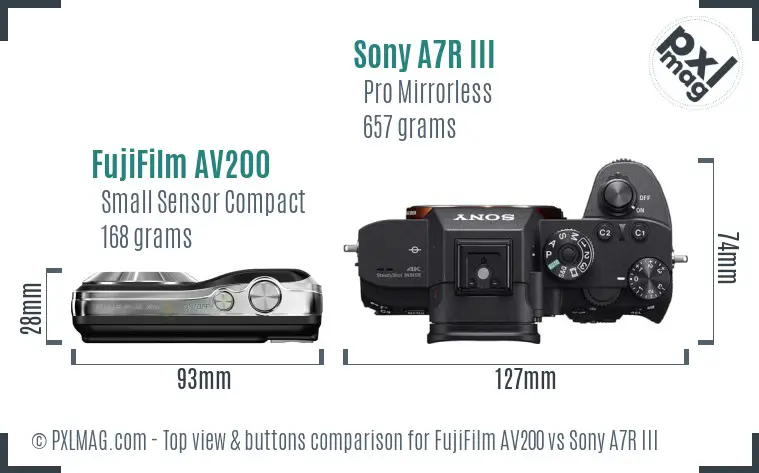 FujiFilm AV200 vs Sony A7R III top view buttons comparison