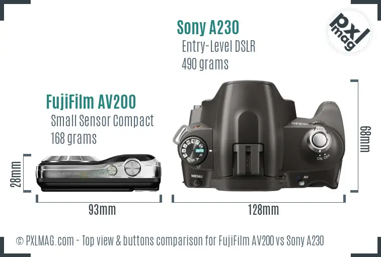 FujiFilm AV200 vs Sony A230 top view buttons comparison FujiFilm AV200 vs Sony A230 top view buttons comparison