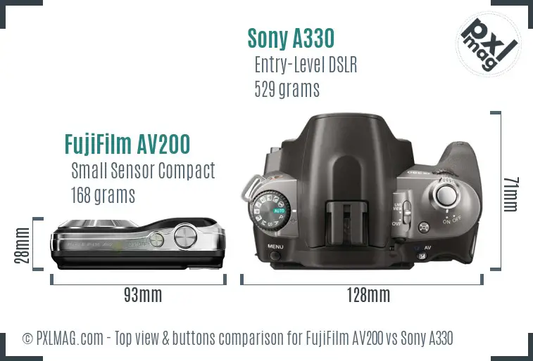 FujiFilm AV200 vs Sony A330 top view buttons comparison FujiFilm AV200 vs Sony A330 top view buttons comparison