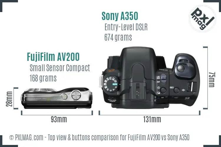 FujiFilm AV200 vs Sony A350 top view buttons comparison FujiFilm AV200 vs Sony A350 top view buttons comparison