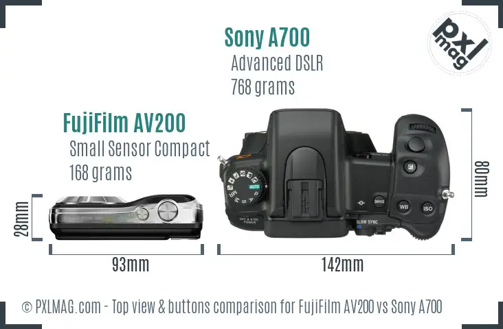FujiFilm AV200 vs Sony A700 top view buttons comparison