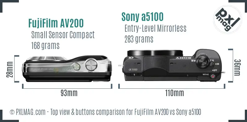 FujiFilm AV200 vs Sony a5100 top view buttons comparison FujiFilm AV200 vs Sony a5100 top view buttons comparison