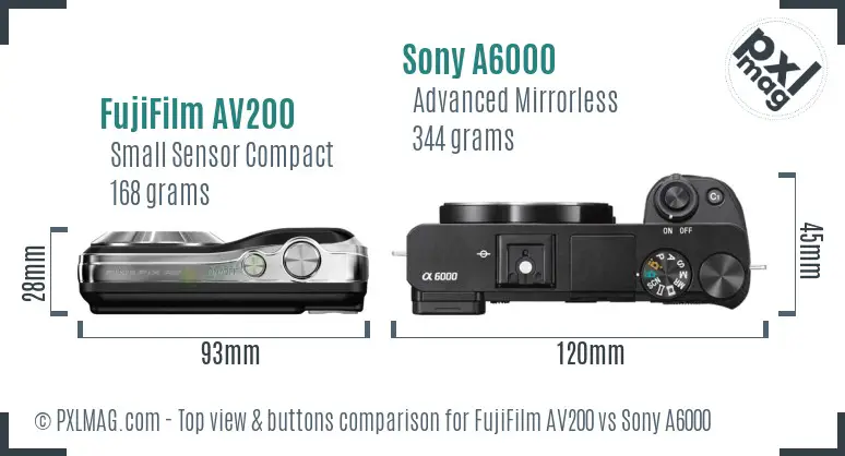 FujiFilm AV200 vs Sony A6000 top view buttons comparison FujiFilm AV200 vs Sony A6000 top view buttons comparison
