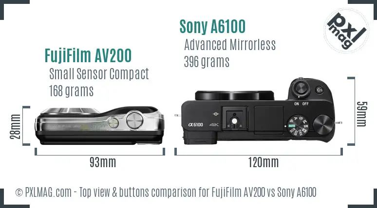 FujiFilm AV200 vs Sony A6100 top view buttons comparison FujiFilm AV200 vs Sony A6100 top view buttons comparison