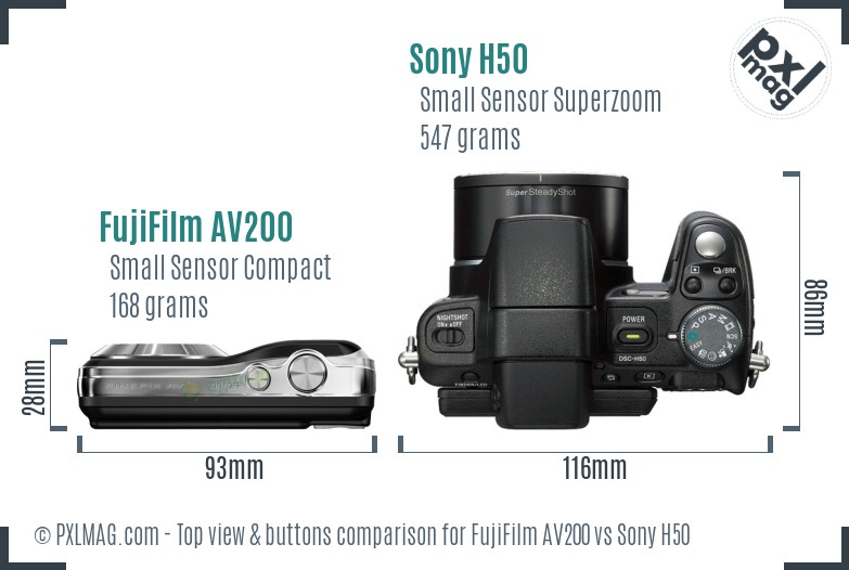 FujiFilm AV200 vs Sony H50 top view buttons comparison