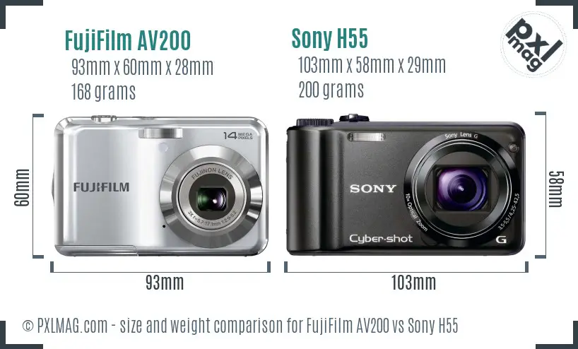 FujiFilm AV200 vs Sony H55 size comparison