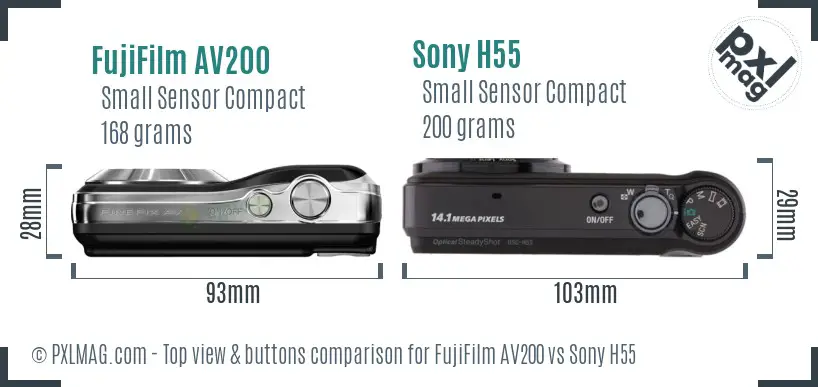 FujiFilm AV200 vs Sony H55 top view buttons comparison