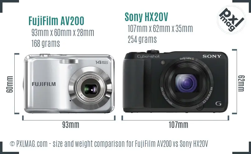 FujiFilm AV200 vs Sony HX20V size comparison