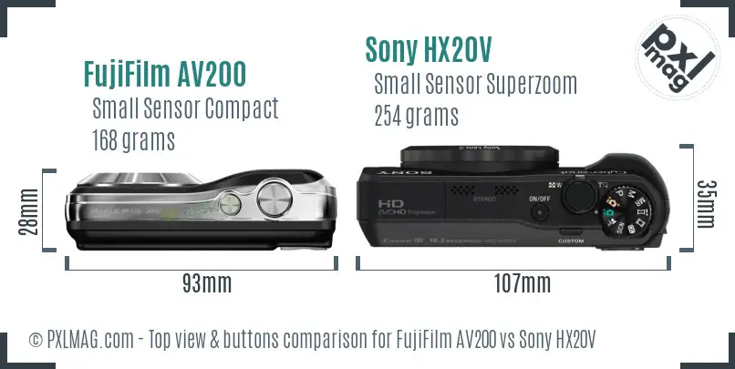 FujiFilm AV200 vs Sony HX20V top view buttons comparison