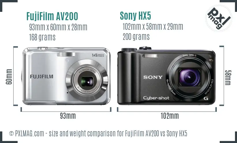 FujiFilm AV200 vs Sony HX5 size comparison