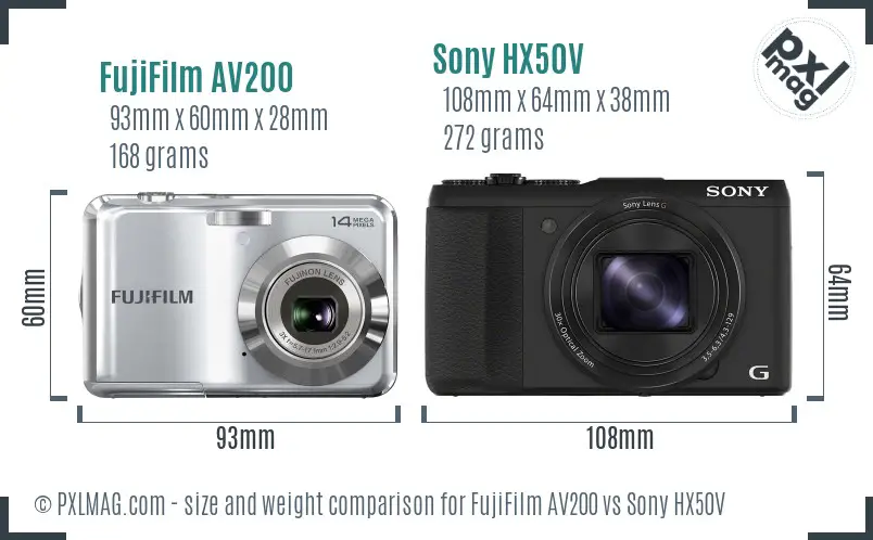 FujiFilm AV200 vs Sony HX50V size comparison