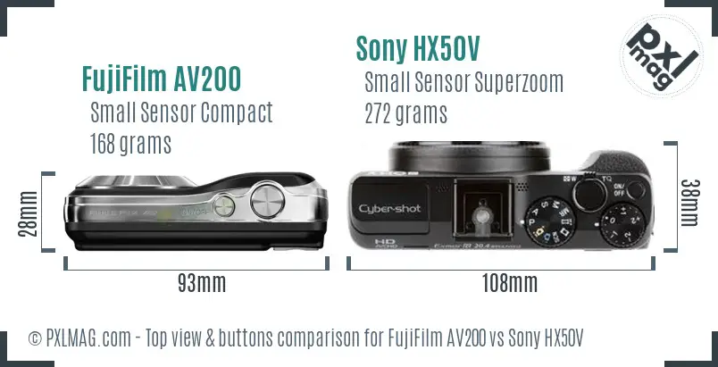 FujiFilm AV200 vs Sony HX50V top view buttons comparison