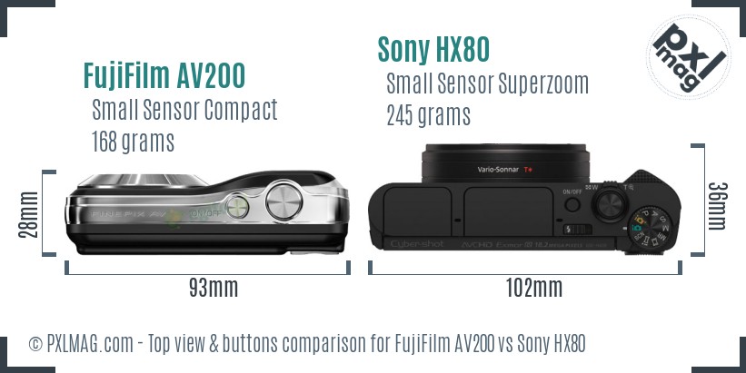FujiFilm AV200 vs Sony HX80 top view buttons comparison