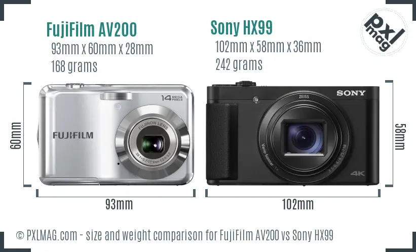 FujiFilm AV200 vs Sony HX99 size comparison