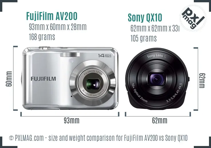 FujiFilm AV200 vs Sony QX10 size comparison