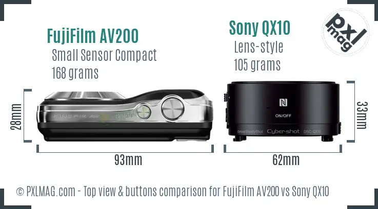 FujiFilm AV200 vs Sony QX10 top view buttons comparison