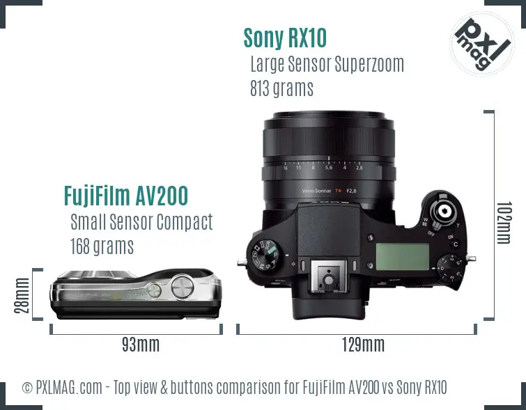 FujiFilm AV200 vs Sony RX10 top view buttons comparison