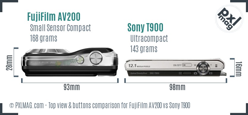 FujiFilm AV200 vs Sony T900 top view buttons comparison