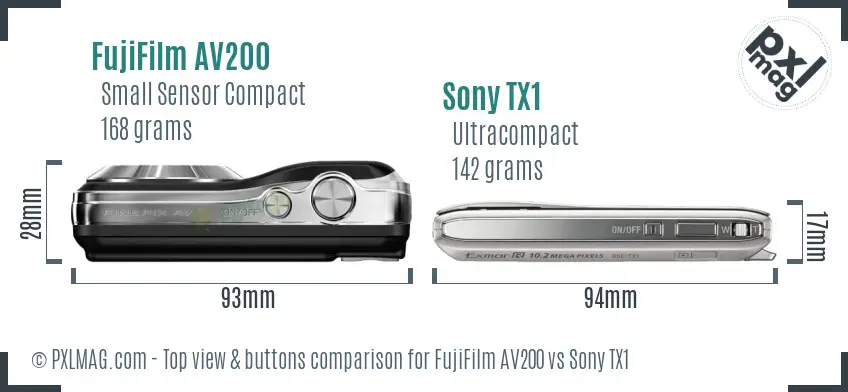 FujiFilm AV200 vs Sony TX1 top view buttons comparison FujiFilm AV200 vs Sony TX1 top view buttons comparison