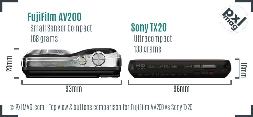 FujiFilm AV200 vs Sony TX20 top view buttons comparison