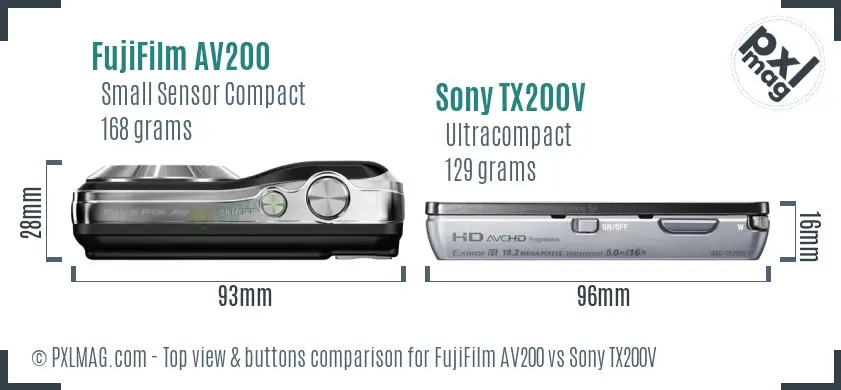 FujiFilm AV200 vs Sony TX200V top view buttons comparison