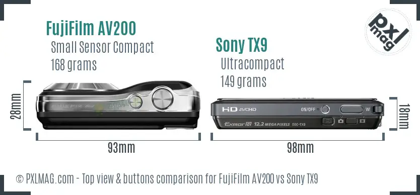 FujiFilm AV200 vs Sony TX9 top view buttons comparison
