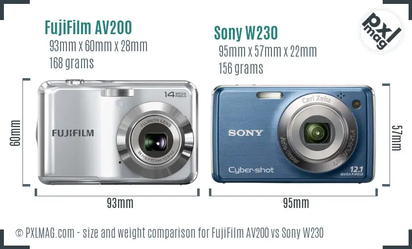 FujiFilm AV200 vs Sony W230 size comparison