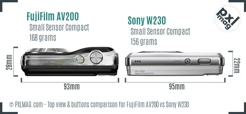 FujiFilm AV200 vs Sony W230 top view buttons comparison
