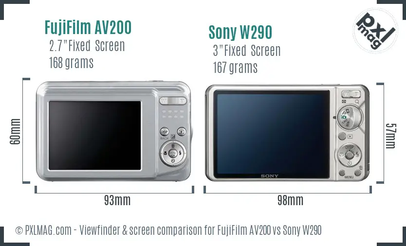 FujiFilm AV200 vs Sony W290 Screen and Viewfinder comparison