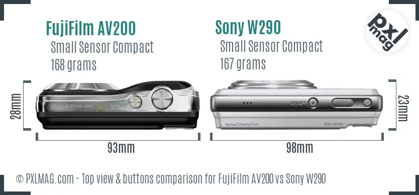 FujiFilm AV200 vs Sony W290 top view buttons comparison