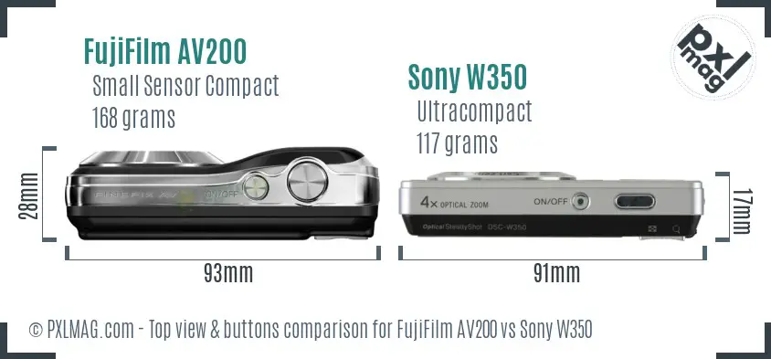 FujiFilm AV200 vs Sony W350 top view buttons comparison