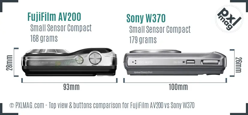 FujiFilm AV200 vs Sony W370 top view buttons comparison