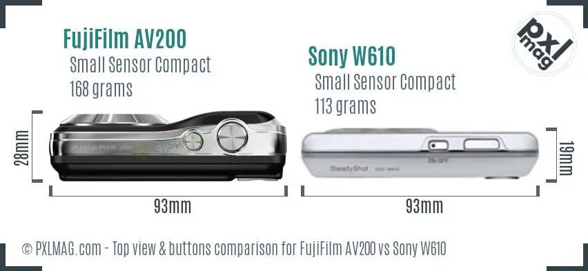 FujiFilm AV200 vs Sony W610 top view buttons comparison FujiFilm AV200 vs Sony W610 top view buttons comparison