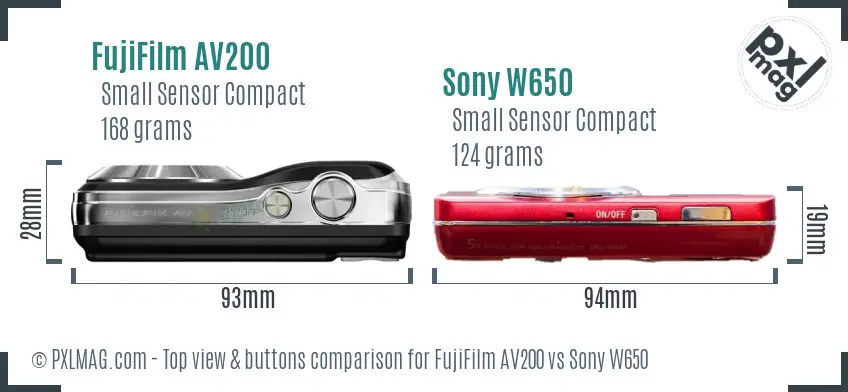 FujiFilm AV200 vs Sony W650 top view buttons comparison