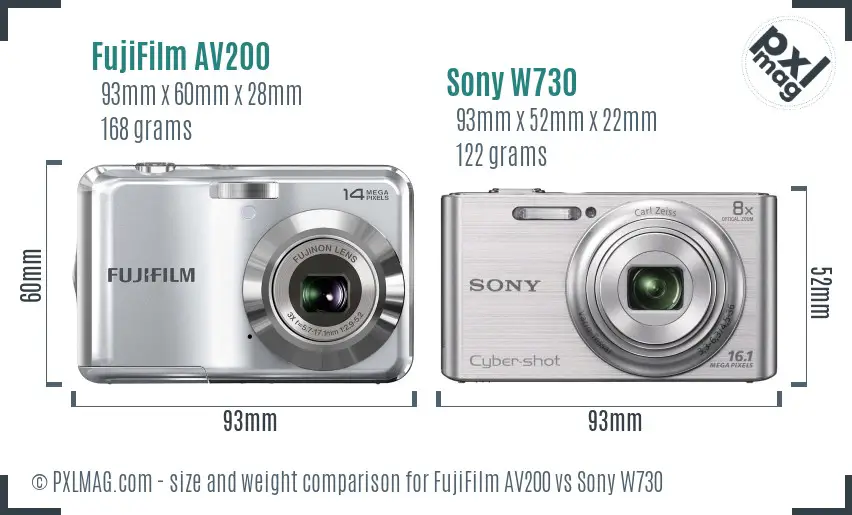 FujiFilm AV200 vs Sony W730 size comparison