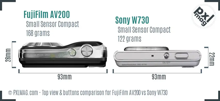 FujiFilm AV200 vs Sony W730 top view buttons comparison