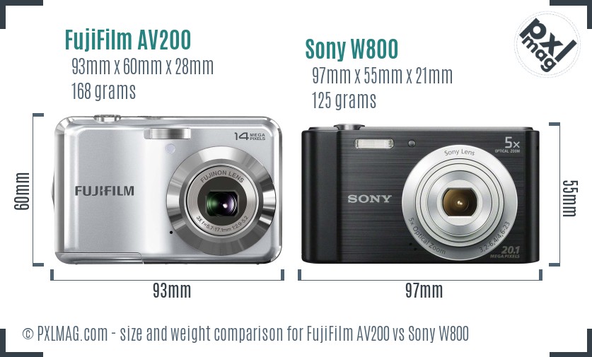 FujiFilm AV200 vs Sony W800 size comparison