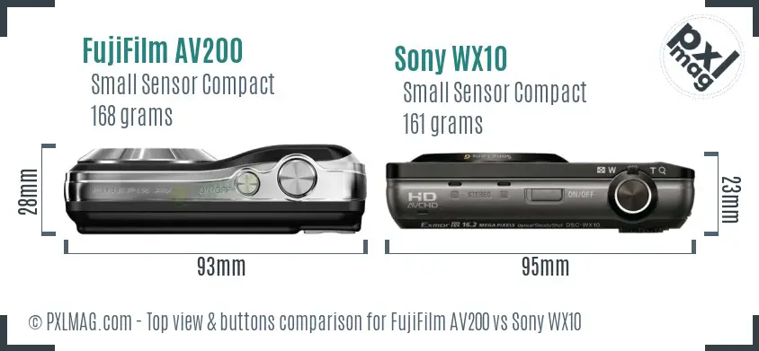 FujiFilm AV200 vs Sony WX10 top view buttons comparison