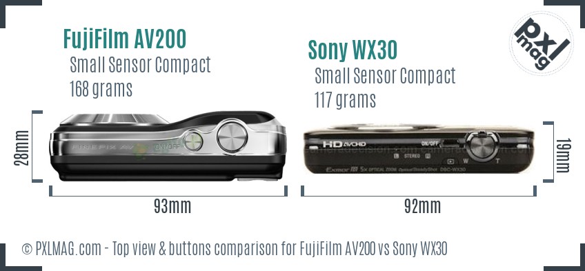FujiFilm AV200 vs Sony WX30 top view buttons comparison
