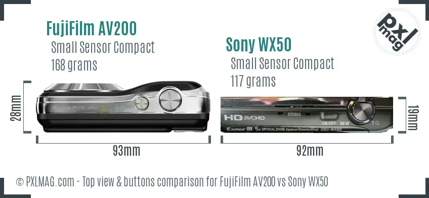 FujiFilm AV200 vs Sony WX50 top view buttons comparison