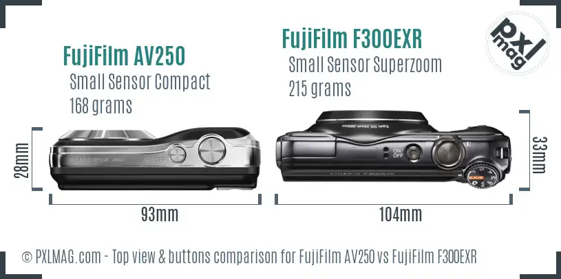 FujiFilm AV250 vs FujiFilm F300EXR top view buttons comparison